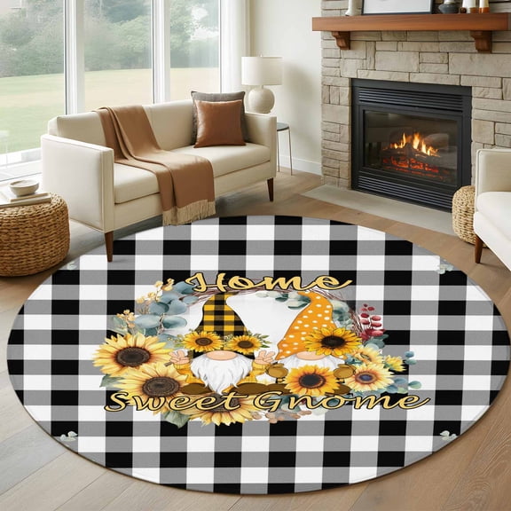 Round Rugs 5 Ft, Sunflower Non Slip Area Rugs for Kitchen Bedroom Entryway, Gnomes Black White Checkered Farmhouse Washable Carpet Runner Rug Floor Mats for Bedroom Home Decor