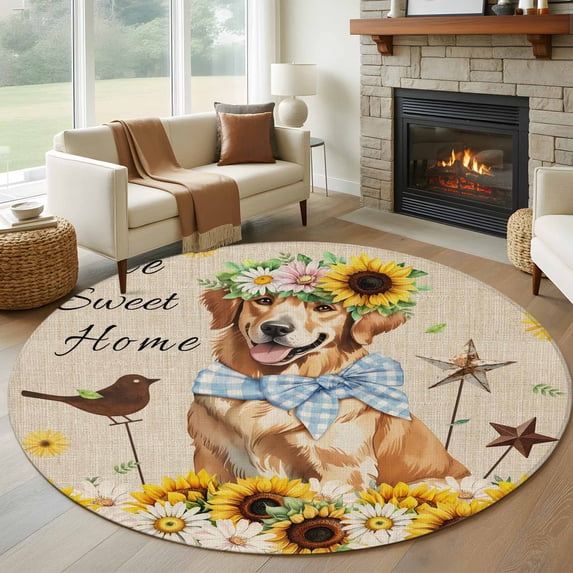 Round Rugs 5 Ft, Sunflowers Dog Non Slip Area Rugs for Kitchen Bedroom Entryway, Spring Watercolor Floral Stars on Linen Washable Carpet Runner Rug Floor Mats for Bedroom Home Decor