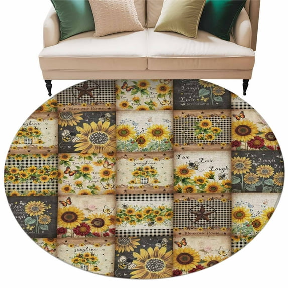 Round Rugs 5 Ft, Sunflowers Non Slip Area Rugs for Kitchen Bedroom Entryway, Farmhouse Vintage Western Texas Star Plaid Washable Carpet Runner Rug Floor Mats for Bedroom Home Decor
