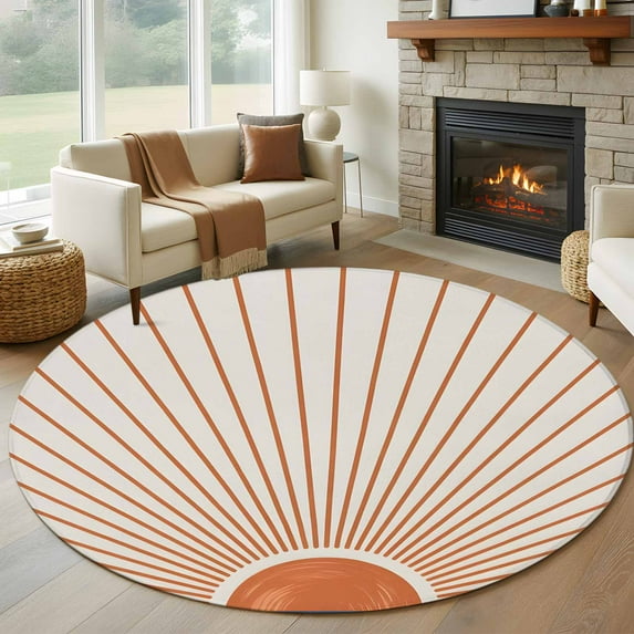 Round Rugs 5 Ft, Sunlight Lines Non Slip Area Rugs for Kitchen Bedroom Entryway, Orange Sunset Abstract Striped Art Washable Carpet Runner Rug Floor Mats for Bedroom Home Decor