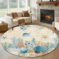 thumbnail image 1 of Round Rugs 5 Ft, Teal Blue Coastal Non Slip Area Rugs for Kitchen Bedroom Entryway, Summer Beach Starfish Shell Coral Nautical Retro Washable Carpet Runner Rug Floor Mats for Bedroom Home Decor, 1 of 8