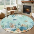 thumbnail image 1 of Round Rugs 5 Ft, Teal Coastal Non Slip Area Rugs for Kitchen Bedroom Entryway, Summer Beach Starfish Shell Coral Nautical Washable Carpet Runner Rug Floor Mats for Bedroom Home Decor, 1 of 8