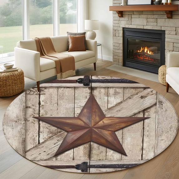 Round Rugs 5 Ft, Texas Star Vintage Non Slip Area Rugs for Kitchen Bedroom Entryway, Brown Beige Washable Carpet Runner Rug Floor Mats for Bedroom Home Decor Wooden Retro Art