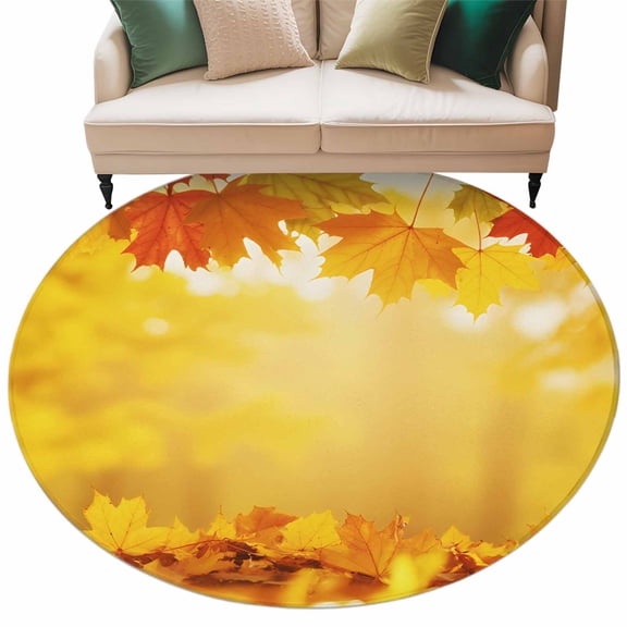 Round Rugs 5 Ft, Yellow Maple Fall Non Slip Area Rugs for Kitchen Bedroom Entryway, Autumn Leaves Country Deciduous Forest Washable Carpet Runner Rug Floor Mats for Bedroom Home Decor