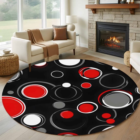 Round Rugs 5Ft, Abstract Black Round Area Rug Washable Indoor Throw Carpet, Modern Geometric Red Grey White Circle Soft Non Slip Circle Rug for Cabinet Bathroom Home Decor Aesthetic