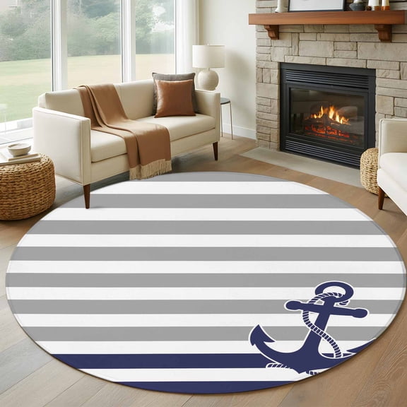 Round Rugs 5Ft, Anchor Gray Round Area Rug Washable Indoor Throw Carpet, Modern Navy Blue White Striped Nautical Soft Non Slip Circle Rug for Cabinet Bathroom Home Decor Aesthetic