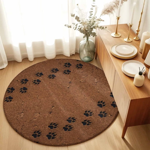 Round Rugs 5Ft, Animal Paw Prints Round Area Rug Washable Indoor Throw Carpet, Cute Pet Footprints Mud Minimalist Brown Soft Non Slip Circle Rug for Cabinet Bathroom Home Decor Aesthetic
