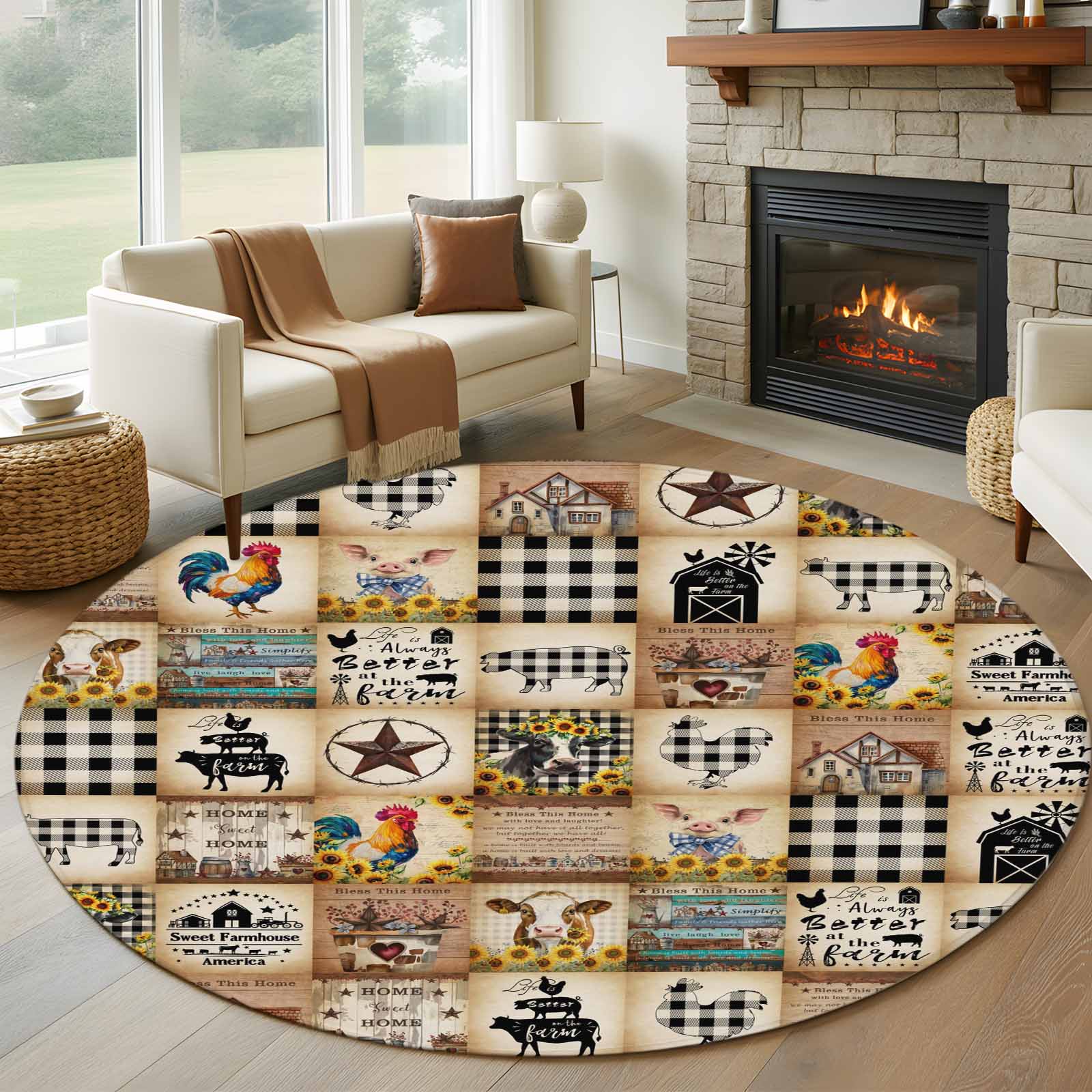 Rustic Farm Rug Round Rugs 5Ft, Animals Farmhouse Round Area Rug Washable Indoor Throw ...
