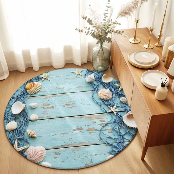 Round Rugs 5Ft, Aqua Deck Coastal Round Area Rug Washable Indoor Throw Carpet, Summer Beach Starfish Conch Fishing Net Soft Non Slip Circle Rug for Cabinet Bathroom Home Decor Aesthetic