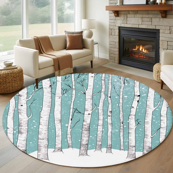 Round Rugs 5Ft, Aqua Tree Trunk Round Area Rug Washable Indoor Throw Carpet, Farmhouse Forest Snow Watercolor Soft Non Slip Circle Rug for Cabinet Bathroom Home Decor Aesthetic