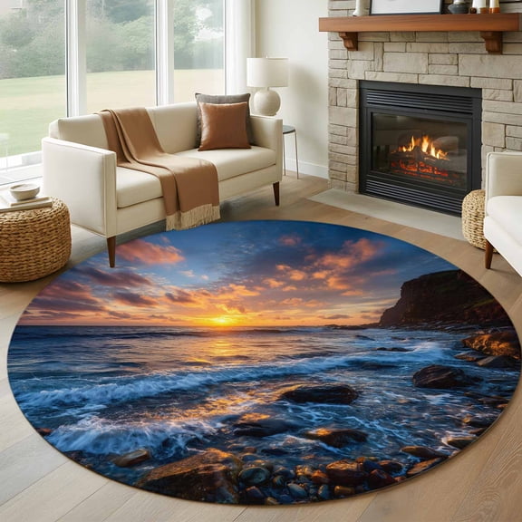 Round Rugs 5Ft, Beach Reef Round Area Rug Washable Indoor Throw Carpet, Beach Sunset Ocean Waves Natural Scenery Soft Non Slip Circle Rug for Cabinet Bathroom Home Decor Aesthetic