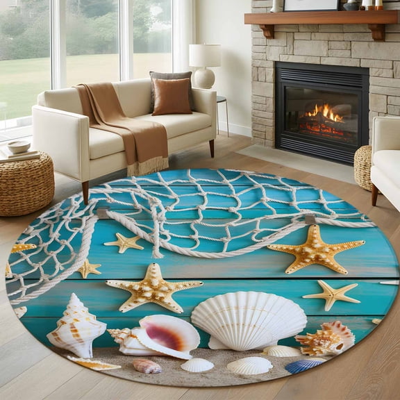 Round Rugs 5Ft, Beach Starfish Round Area Rug Washable Indoor Throw Carpet, Ocean Conch Fishing Net Blue Wood Grain Soft Non Slip Circle Rug for Cabinet Bathroom Home Decor Aesthetic