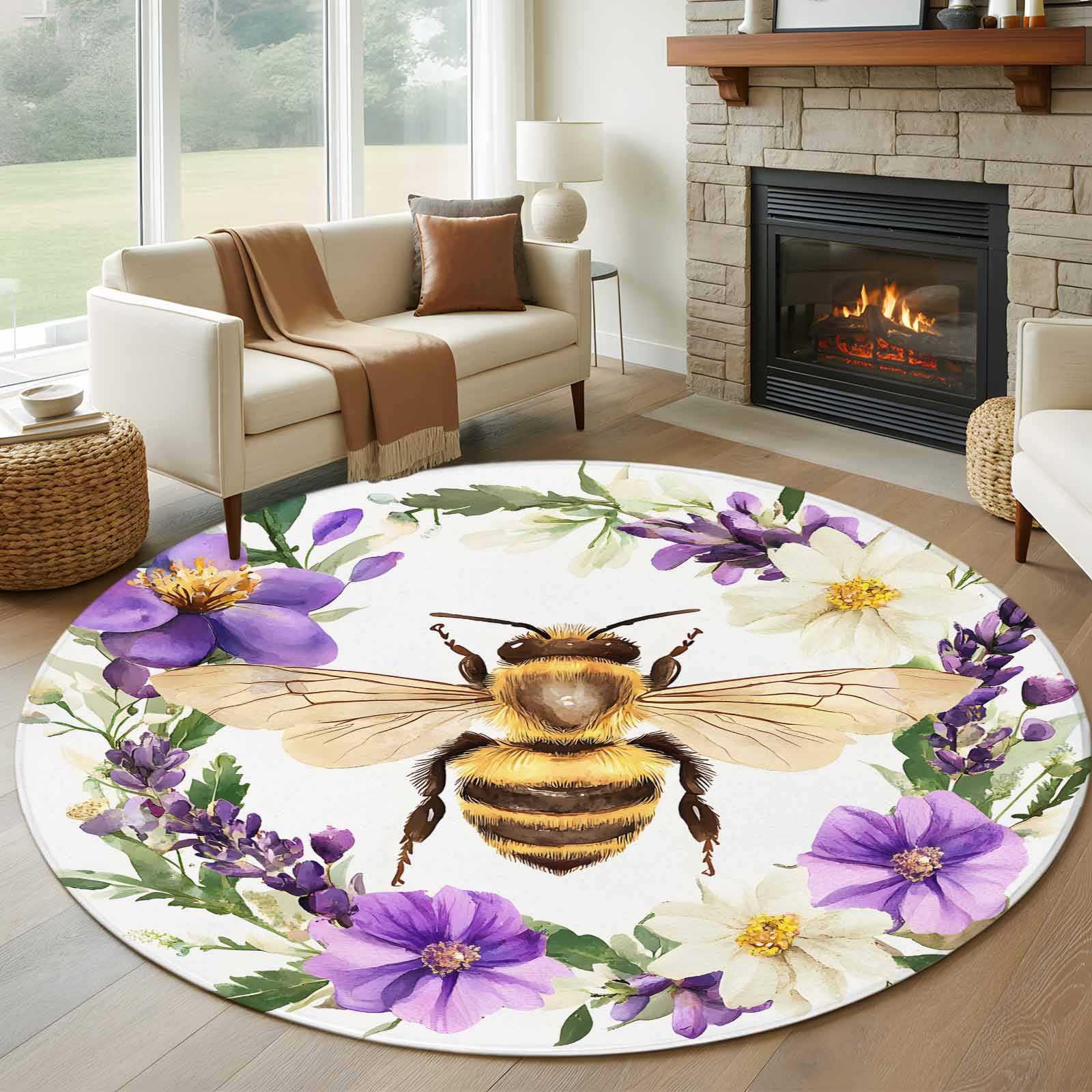 Round Rugs 5Ft, Bee Floral Wreath Round Area Rug Washable Indoor Throw ...