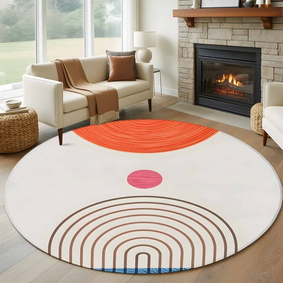 Round Rugs 5Ft, Beige Boho Round Area Rug Washable Indoor Throw Carpet, Modern Abstract Art Geometric Striped Soft Non Slip Circle Rug for Cabinet Bathroom Home Decor Aesthetic