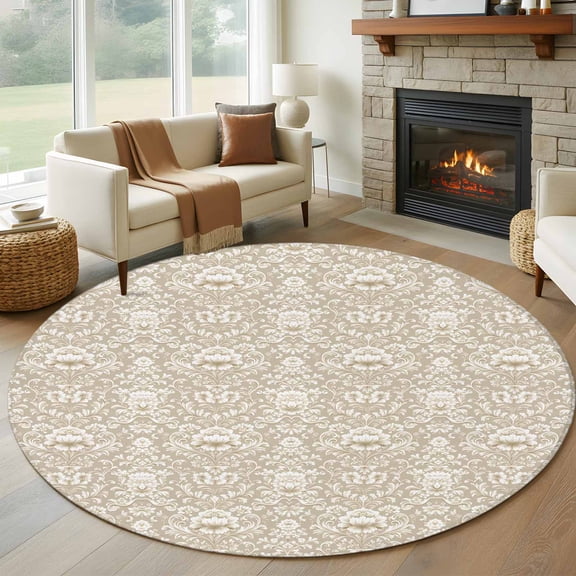 Round Rugs 5Ft, Beige Damask Round Area Rug Washable Indoor Throw Carpet, Vintage Country Scroll Floral Patterned Soft Non Slip Circle Rug for Cabinet Bathroom Home Decor Aesthetic