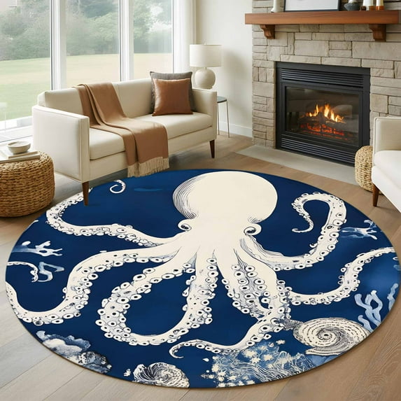 Round Rugs 5Ft, Beige Octopus Coastal Round Area Rug Washable Indoor Throw Carpet, Navy Blue Nautical Ocean Coral Soft Non Slip Circle Rug for Cabinet Bathroom Home Decor Aesthetic