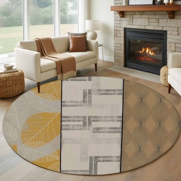 Round Rugs 5Ft, Beige Yellow Textured Round Area Rug Washable Indoor Throw Carpet, Vintage Art Farmhouse Striped Soft Non Slip Circle Rug for Cabinet Bathroom Home Decor Aesthetic