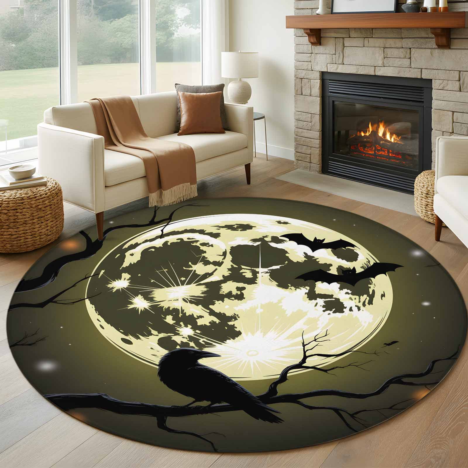 Round Rugs 5Ft, Black Crow Moon Halloween Round Area Rug Washable ...