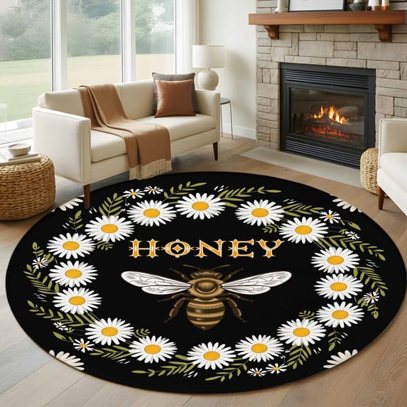 Round Rugs 5Ft, Black Daisy Bees Round Area Rug Washable Indoor Throw Carpet, Spring Farmhouse Honey Floral Rings Soft Non Slip Circle Rug for Cabinet Bathroom Home Decor Aesthetic