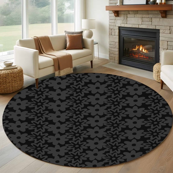 Round Rugs 5Ft, Black Golden Floral Round Area Rug Washable Indoor Throw Carpet, Modern Abstract Art Spring Flowers Soft Non Slip Circle Rug for Cabinet Bathroom Home Decor Aesthetic