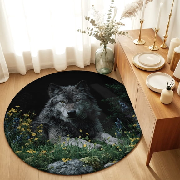 Round Rugs 5Ft, Black Gray Wolf Round Area Rug Washable Indoor Throw Carpet, Wildflowers Animal Wilderness Soft Non Slip Circle Rug for Cabinet Bathroom Home Decor Aesthetic