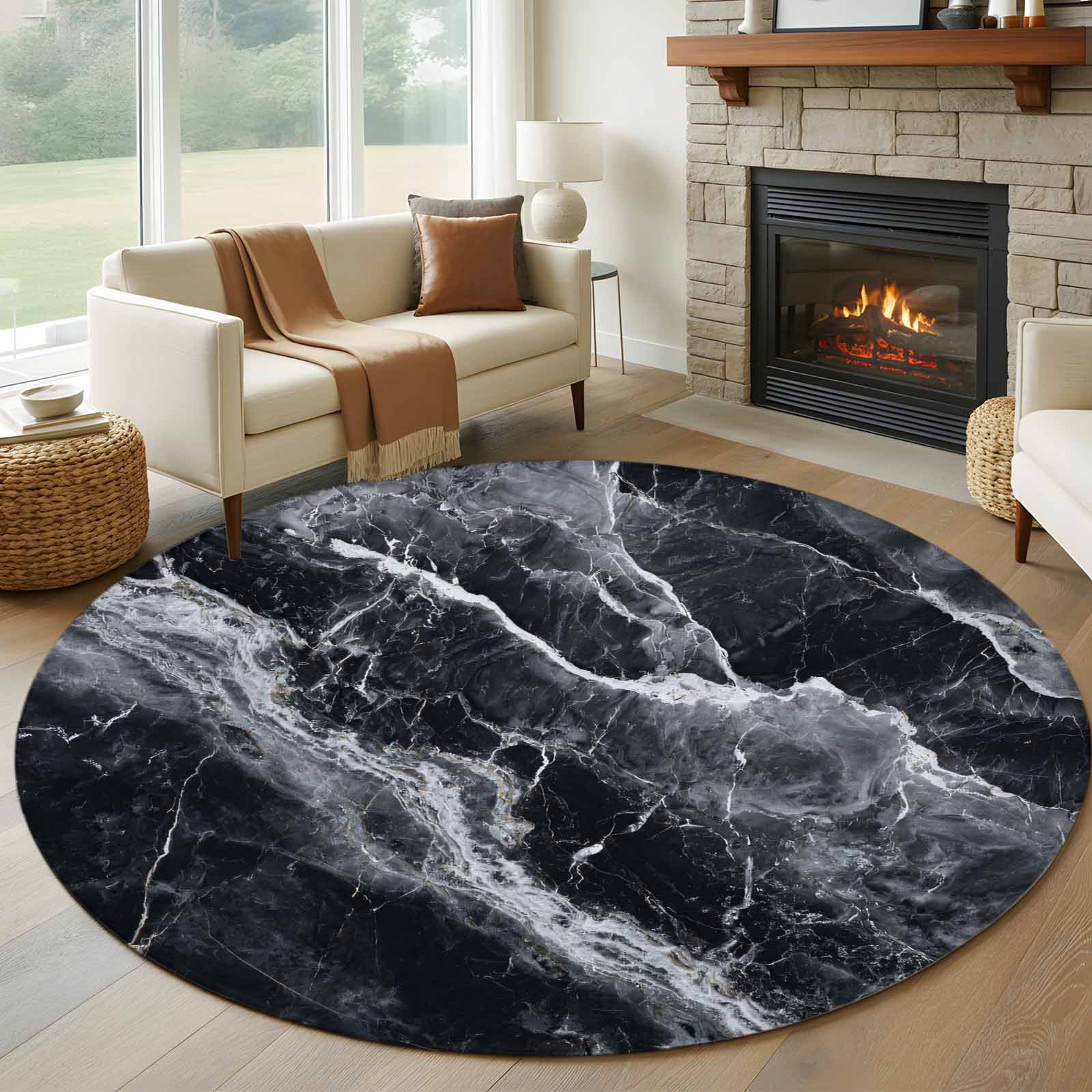 Round Rugs 5Ft, Black Marble Round Area Rug Washable Indoor Throw ...