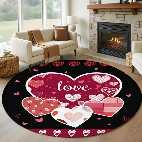 Round Rugs 5Ft, Black Valentines Day Round Area Rug Washable Indoor Throw Carpet, Love Hearts Romantic Farmhouse Soft Non Slip Circle Rug for Cabinet Bathroom Home Decor Aesthetic