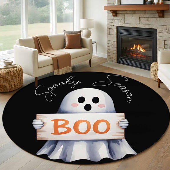 Round Rugs 5Ft, Black White Halloween Round Area Rug Washable Indoor Throw Carpet, Ghost Modern Art Soft Non Slip Circle Rug for Cabinet Bathroom Home Decor Aesthetic