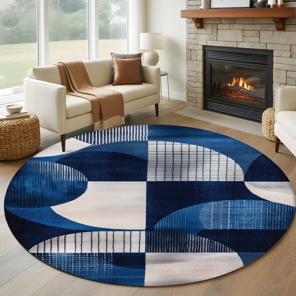 Round Rugs 5Ft, Blue Abstract Art Round Area Rug Washable Indoor Throw Carpet, Black Navy Blue Geometric Soft Non Slip Circle Rug for Cabinet Bathroom Home Decor Aesthetic