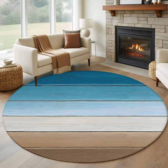 Round Rugs 5Ft, Blue Beige Brown Round Area Rug Washable Indoor Throw Carpet, Country Retro Gradient Wooden Grain Soft Non Slip Circle Rug for Cabinet Bathroom Home Decor Aesthetic