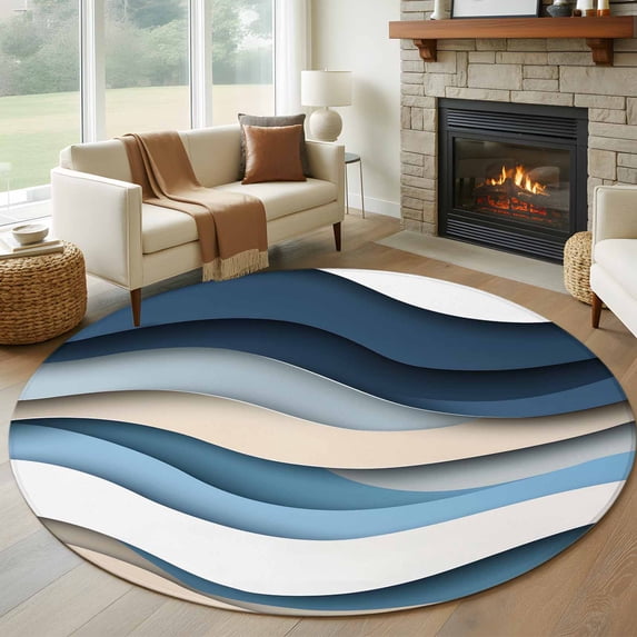 Round Rugs 5Ft, Blue Beige Ombre Round Area Rug Washable Indoor Throw Carpet, Aesthetics Abstract Geometric Modern Soft Non Slip Circle Rug for Cabinet Bathroom Home Decor Aesthetic