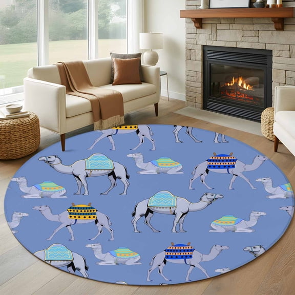 Round Rugs 5Ft, Blue Camels Round Area Rug Washable Indoor Throw Carpet, Modern Watercolor Cute Funny Animals Soft Non Slip Circle Rug for Cabinet Bathroom Home Decor Aesthetic