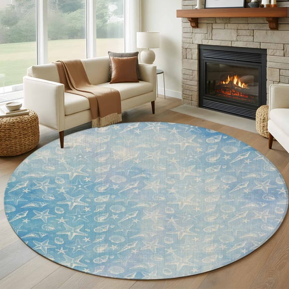 Round Rugs 5Ft, Blue Coastal Round Area Rug Washable Indoor Throw Carpet, Summer Ocean Starfish Conch Seashells Soft Non Slip Circle Rug for Cabinet Bathroom Home Decor Aesthetic