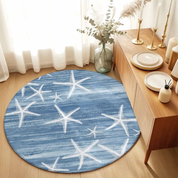 Round Rugs 5Ft, Blue Coastal Round Area Rug Washable Indoor Throw Carpet, Summer Ocean Waves Ombre Sea Starfish Soft Non Slip Circle Rug for Cabinet Bathroom Home Decor Aesthetic
