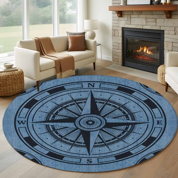 Round Rugs 5Ft, Blue Compass Nautical Round Area Rug Washable Indoor Throw Carpet, Coastal Vintage Soft Non Slip Circle Rug for Cabinet Bathroom Home Decor Aesthetic
