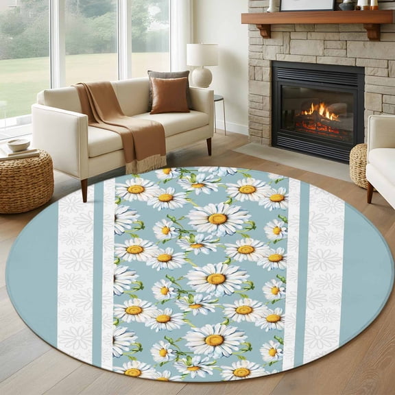 Round Rugs 5Ft, Blue Daisy Round Area Rug Washable Indoor Throw Carpet, Farmhouse Floral Blue Striped Soft Non Slip Circle Rug for Cabinet Bathroom Home Decor Aesthetic