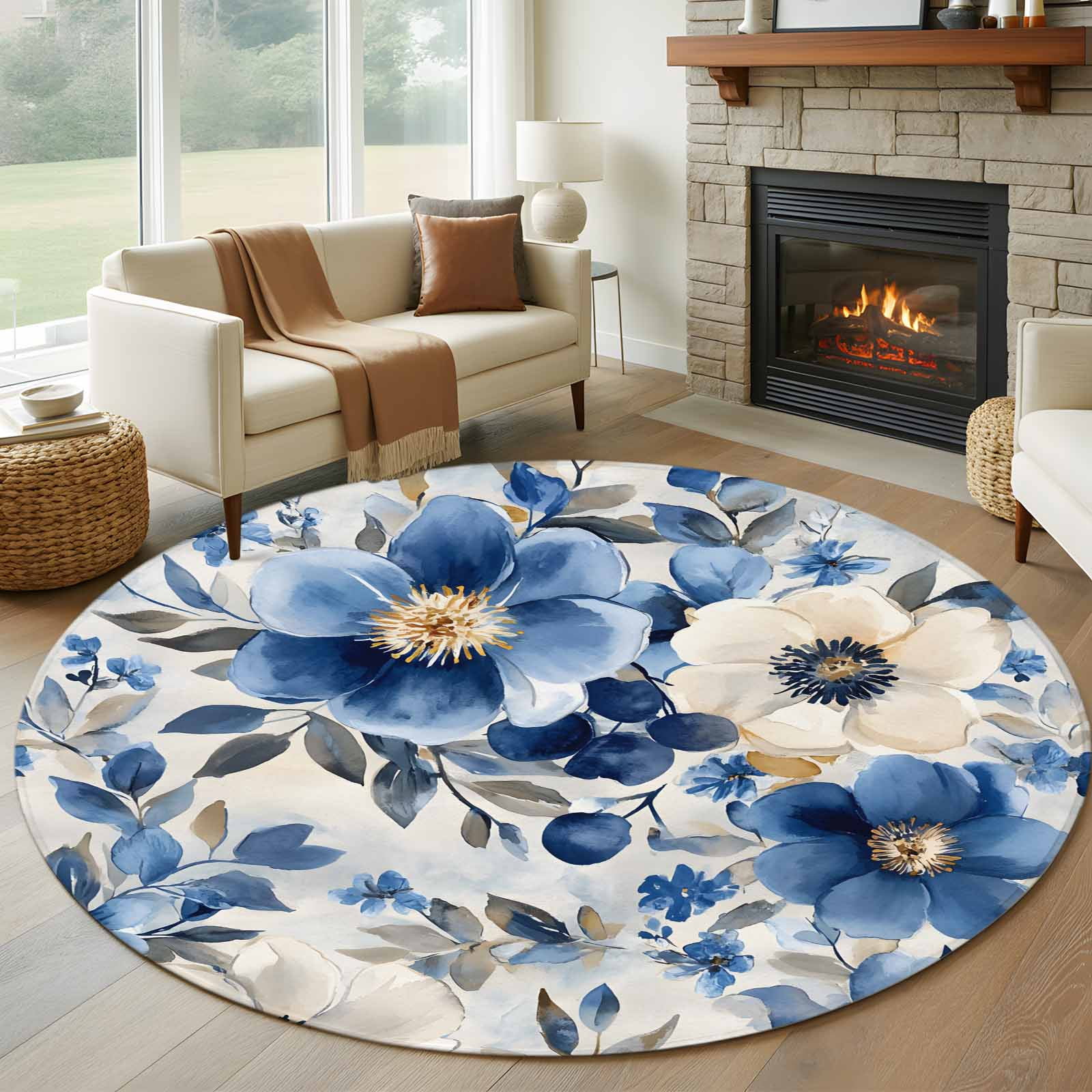 Round Rugs 5Ft, Blue Flower Round Area Rug Washable Indoor Throw Carpet ...