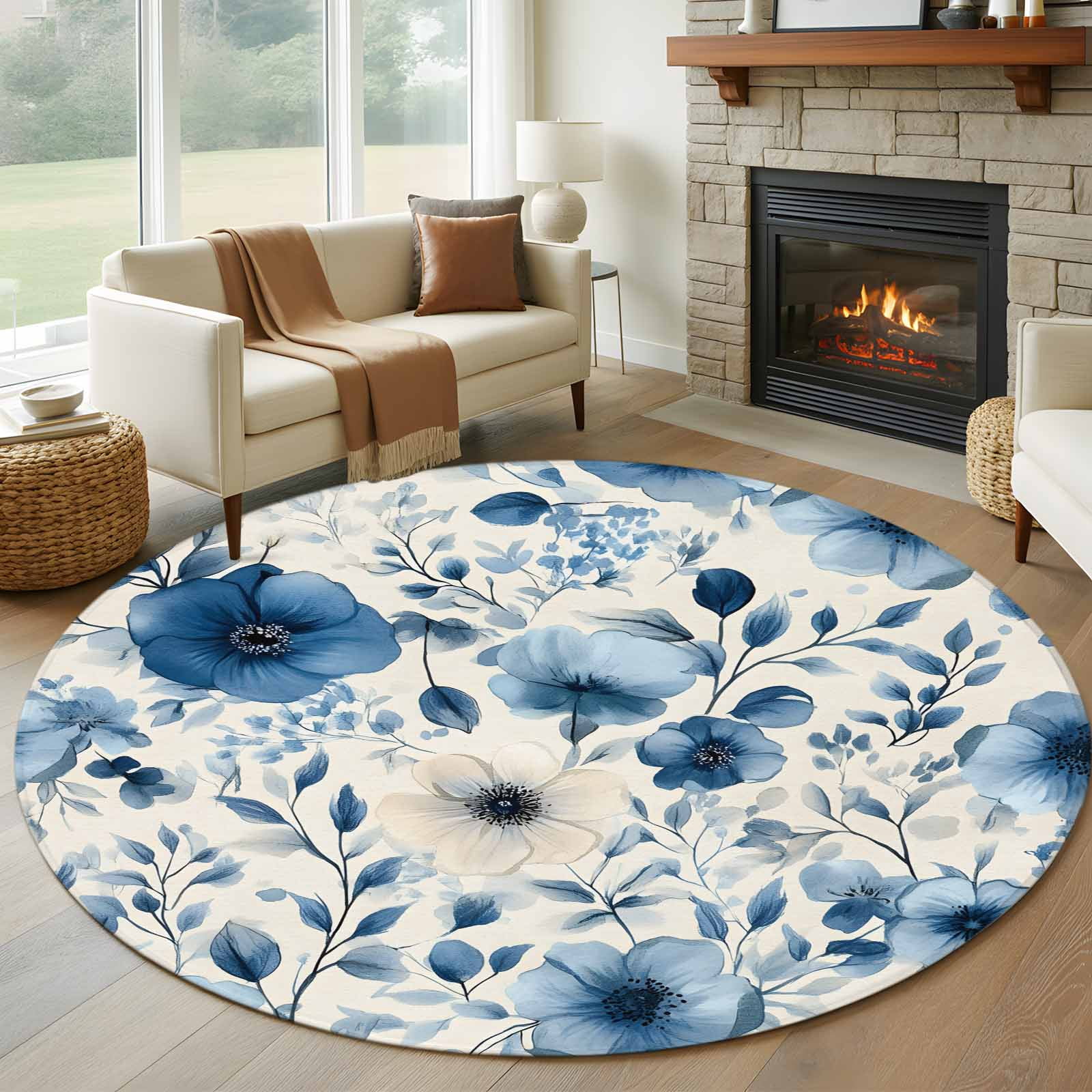 Round Rugs 5Ft, Blue Flower Round Area Rug Washable Indoor Throw Carpet ...