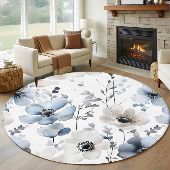 Round Rugs 5Ft, Blue Grey Spring Floral Round Area Rug Washable Indoor Throw Carpet, Summer Flowers Botanical Soft Non Slip Circle Rug for Cabinet Bathroom Home Decor Aesthetic