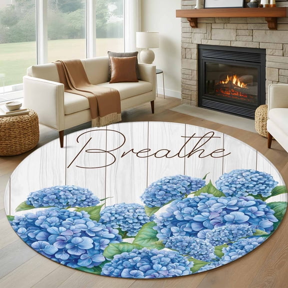 Round Rugs 5Ft, Blue Hydrangeas Floral Round Area Rug Washable Indoor Throw Carpet, Spring Summer Flower Wooden Grain Soft Non Slip Circle Rug for Cabinet Bathroom Home Decor Aesthetic