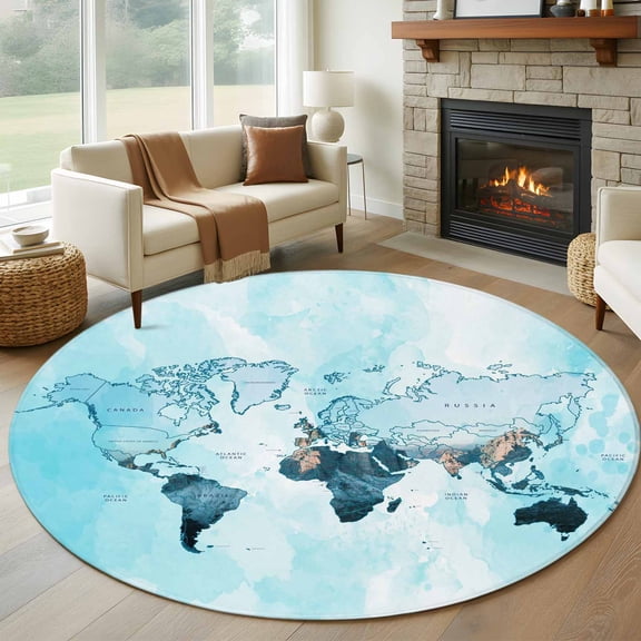 Round Rugs 5Ft, Blue Maps Round Area Rug Washable Indoor Throw Carpet, Abstract World Map Ocean Modern Soft Non Slip Circle Rug for Cabinet Bathroom Home Decor Aesthetic