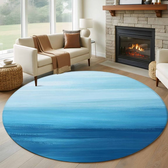 Round Rugs 5Ft, Blue Ocean Waves Round Area Rug Washable Indoor Throw Carpet, Stripe Ombre Coastal Soft Non Slip Circle Rug for Cabinet Bathroom Home Decor Aesthetic