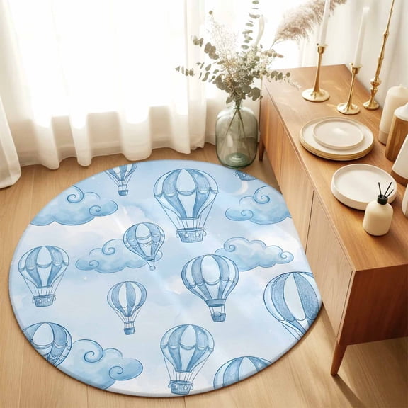 Round Rugs 5Ft, Blue Ombre Hot Air Balloon Round Area Rug Washable Indoor Throw Carpet, Modern Balloon Float Clouds Soft Non Slip Circle Rug for Cabinet Bathroom Home Decor Aesthetic