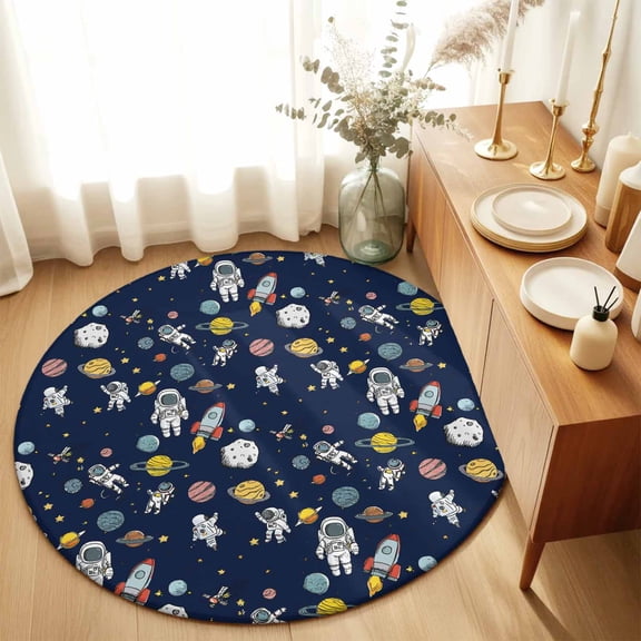 Round Rugs 5Ft, Blue Space Round Area Rug Washable Indoor Throw Carpet, Cartoon Cute Spaceship Planet Star Funny Soft Non Slip Circle Rug for Cabinet Bathroom Home Decor Aesthetic