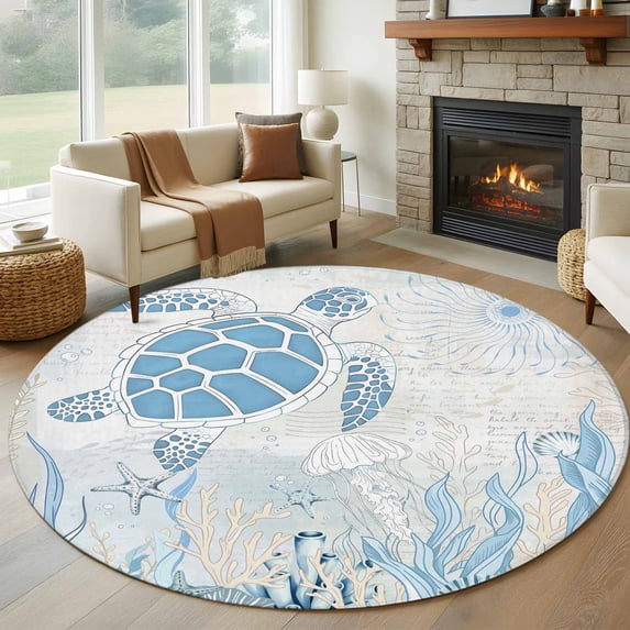 Round Rugs 5Ft, Blue Turtle Coastal Round Area Rug Washable Indoor Throw Carpet, Coral Summer Beach Nautical Ocean Blue Soft Non Slip Circle Rug for Cabinet Bathroom Home Decor Aesthetic