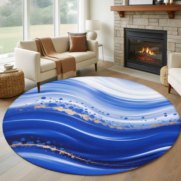 Round Rugs 5Ft, Blue Waves Abstract Round Area Rug Washable Indoor Throw Carpet, Ocean Fluid Gradient Luxury Soft Non Slip Circle Rug for Cabinet Bathroom Home Decor Aesthetic