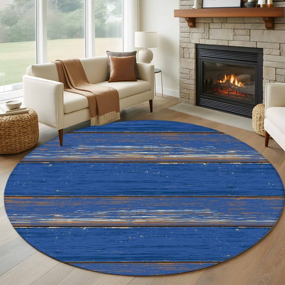 Round Rugs 5Ft, Blue Wooden Grain Round Area Rug Washable Indoor Throw Carpet, Farmhouse Mottled Planks Country Soft Non Slip Circle Rug for Cabinet Bathroom Home Decor Aesthetic