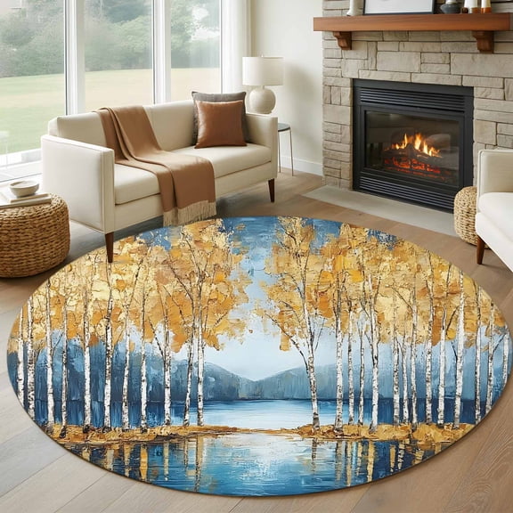 Round Rugs 5Ft, Blue Yellow Round Area Rug Washable Indoor Throw Carpet, Modern Abstract Oil Expressionism Soft Non Slip Circle Rug for Cabinet Bathroom Home Decor Aesthetic