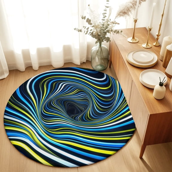 Round Rugs 5Ft, Blue Yellow White Spiral Round Area Rug Washable Indoor Throw Carpet, Neon Lines Abstract Cyber Soft Non Slip Circle Rug for Cabinet Bathroom Home Decor Aesthetic
