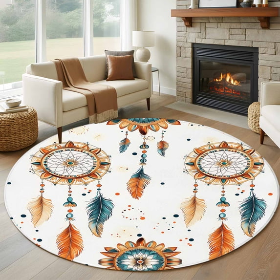 Round Rugs 5Ft, Boho Geometric Round Area Rug Washable Indoor Throw Carpet, Ethnic Feathers Patterns Retro Farmhouse Soft Non Slip Circle Rug for Cabinet Bathroom Home Decor Aesthetic